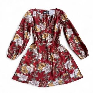 Reformation floral autumnal long sleeve burgundy red dress with tie neck detail